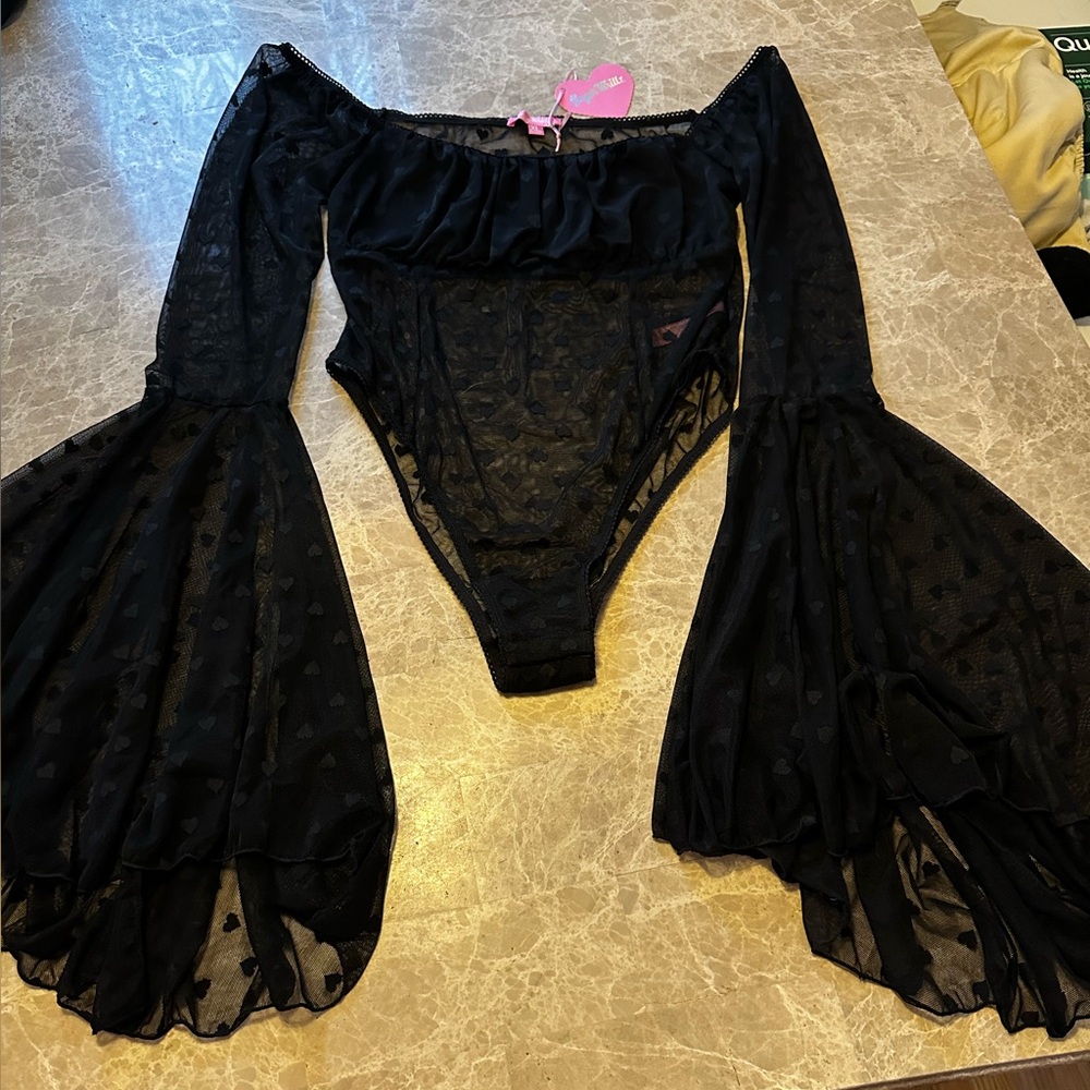 Sugar Thrillz Bell Sleeve Black Heart Mesh Bodysuit